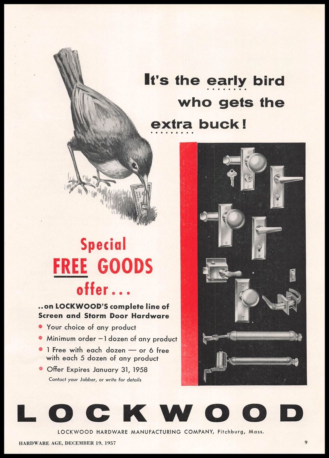 1957 Lockwood Hardware Fitchburg Massachusetts Early Bird Gets The Buck Print Ad