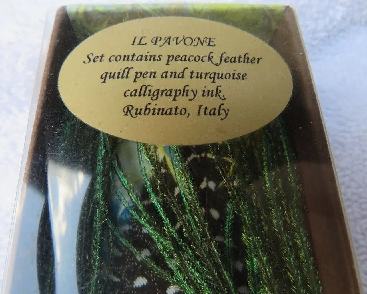 New Peacock Feather Quill Pen and Turquoise Ink Set From Italy
