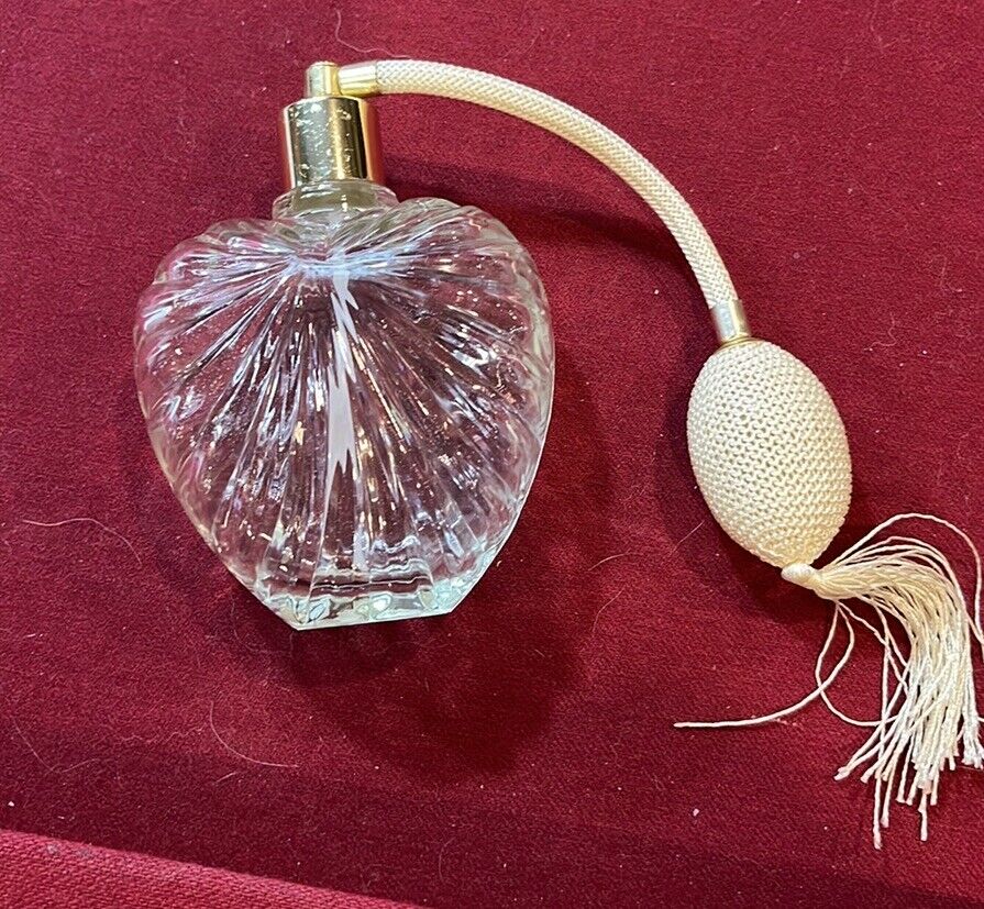 Vtg Colony HEART BOTTLE 24% Lead Glass  4 1/2” Perfume White Atomizer GIFT sexy