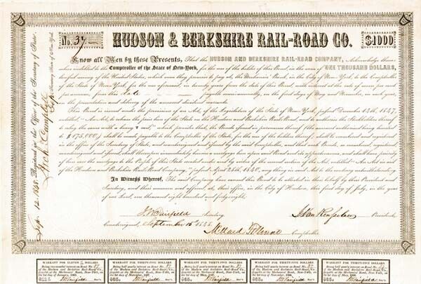 President Millard Fillmore - Hudson and Berkshire Railroad $1,000 Bond signed by