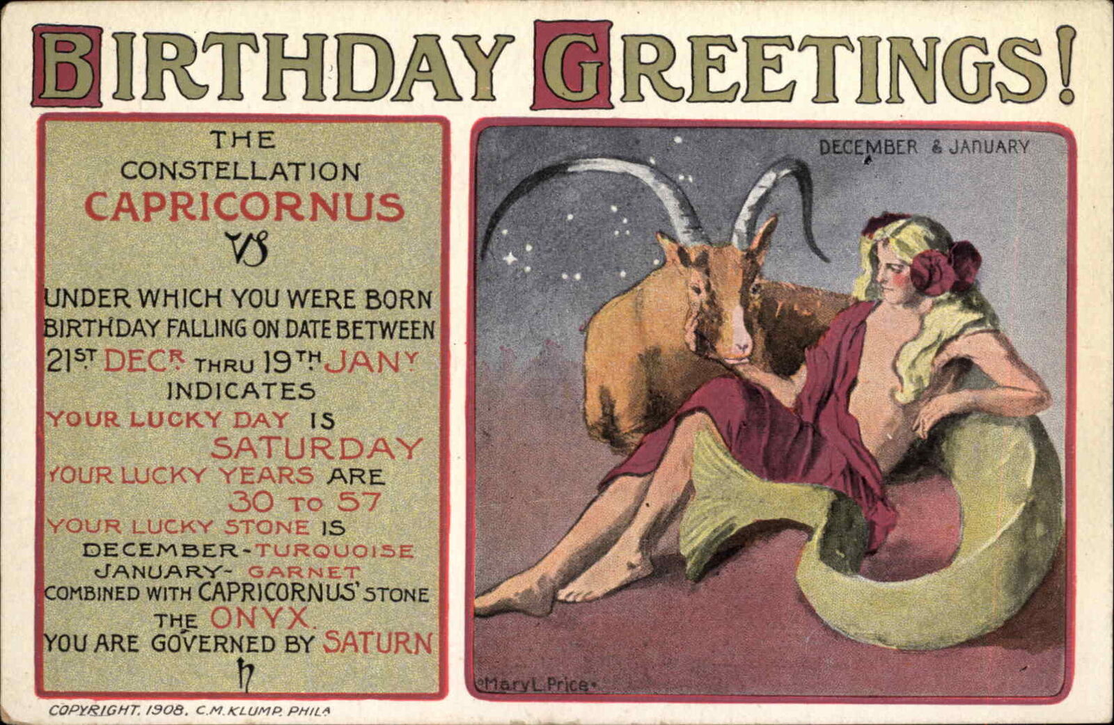 c1910 PC Astrology Capricorn Mary L Price Horoscope Birthday Fantasy