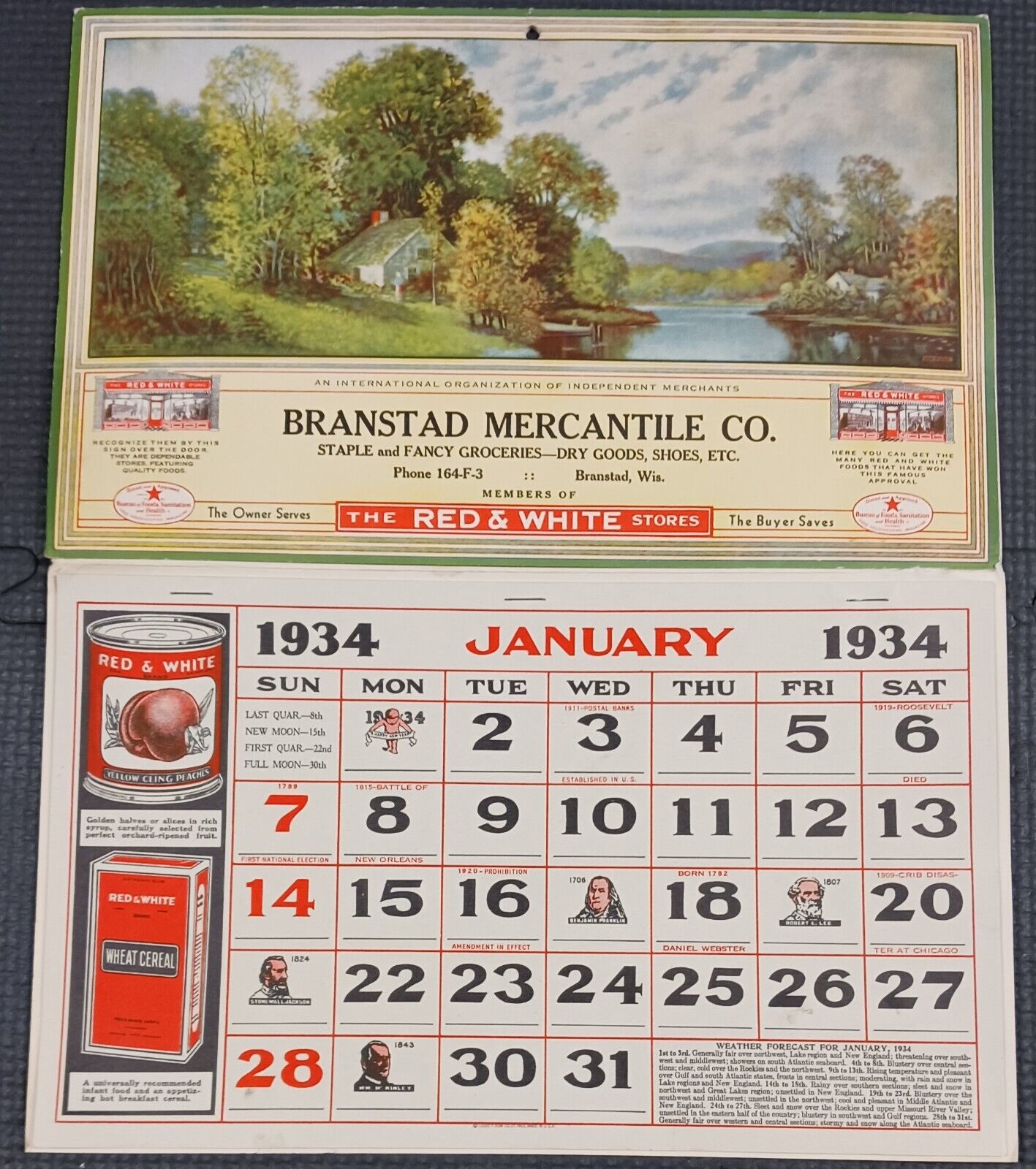 1934 Advertising Calendar MERCANTILE The RED & WHITE Stores BRANSTAD Wisconsin
