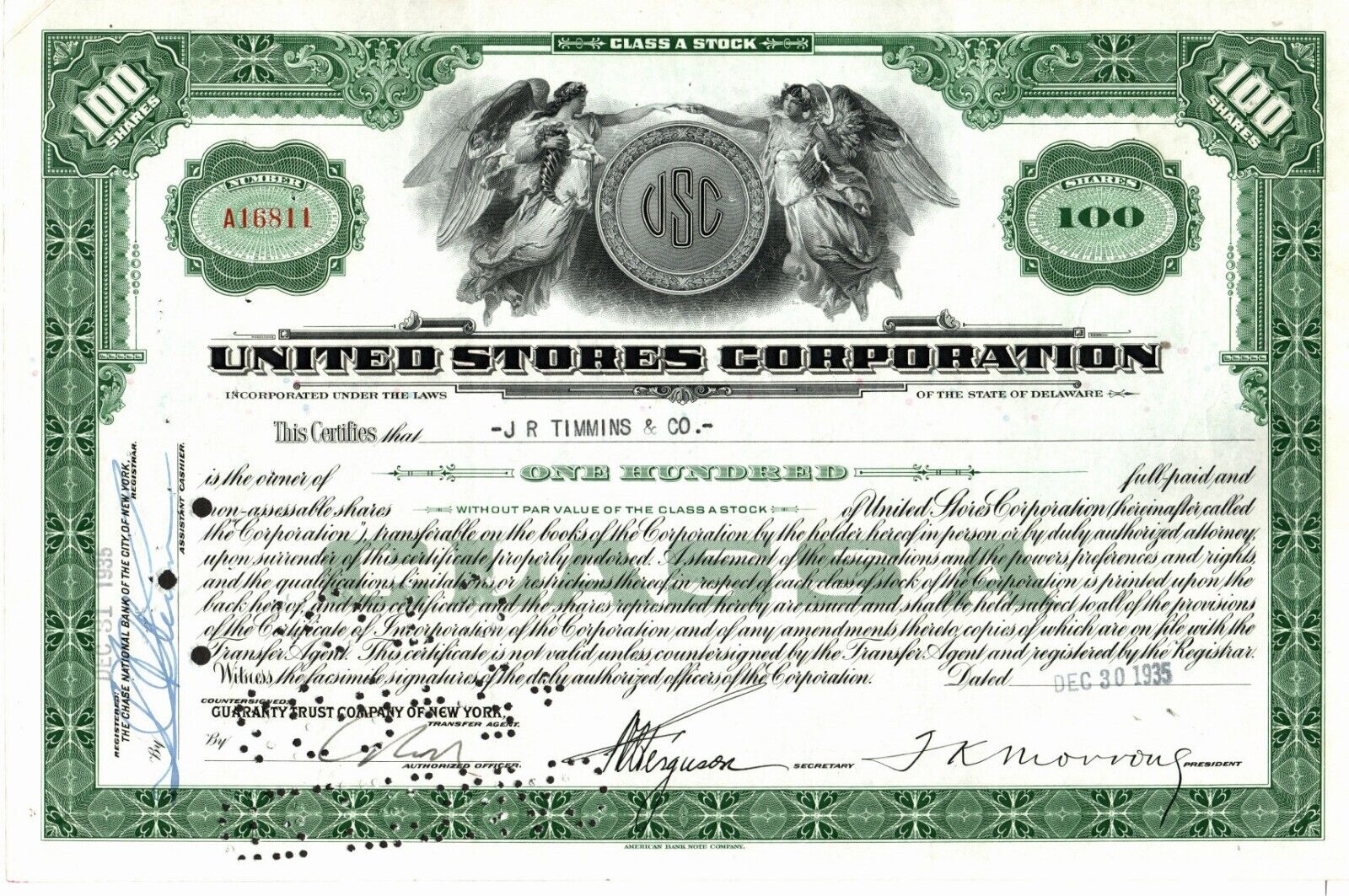 United Stores Corp - Original Stock Certificate - 1935 - A16811