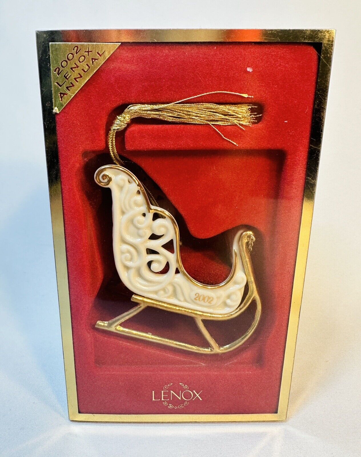 Y2K Lenox Annual Sleigh Christmas Ornament Gold Trim & Tassel 2002 Original Box