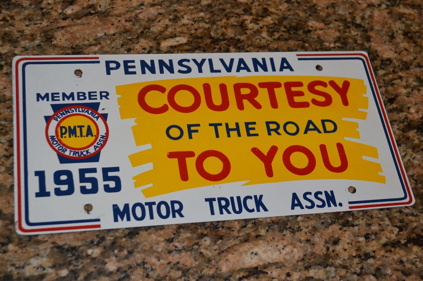 VINTAGE 1955 P.M.T.A. COURTESY OF THE ROAD TO YOU LICENSE PLATE PENNSYLVANIA PA.