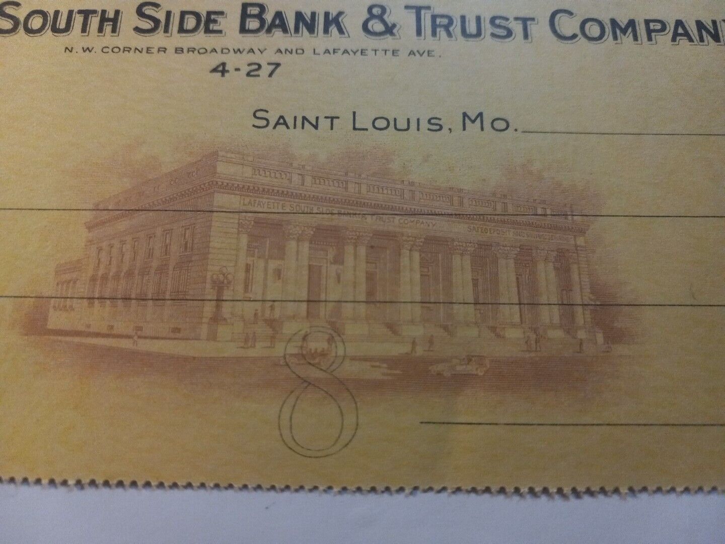 St Louis, MO 1930's  Lafayette Bank Check Beautiful Vignette Art 🎨 Unused 
