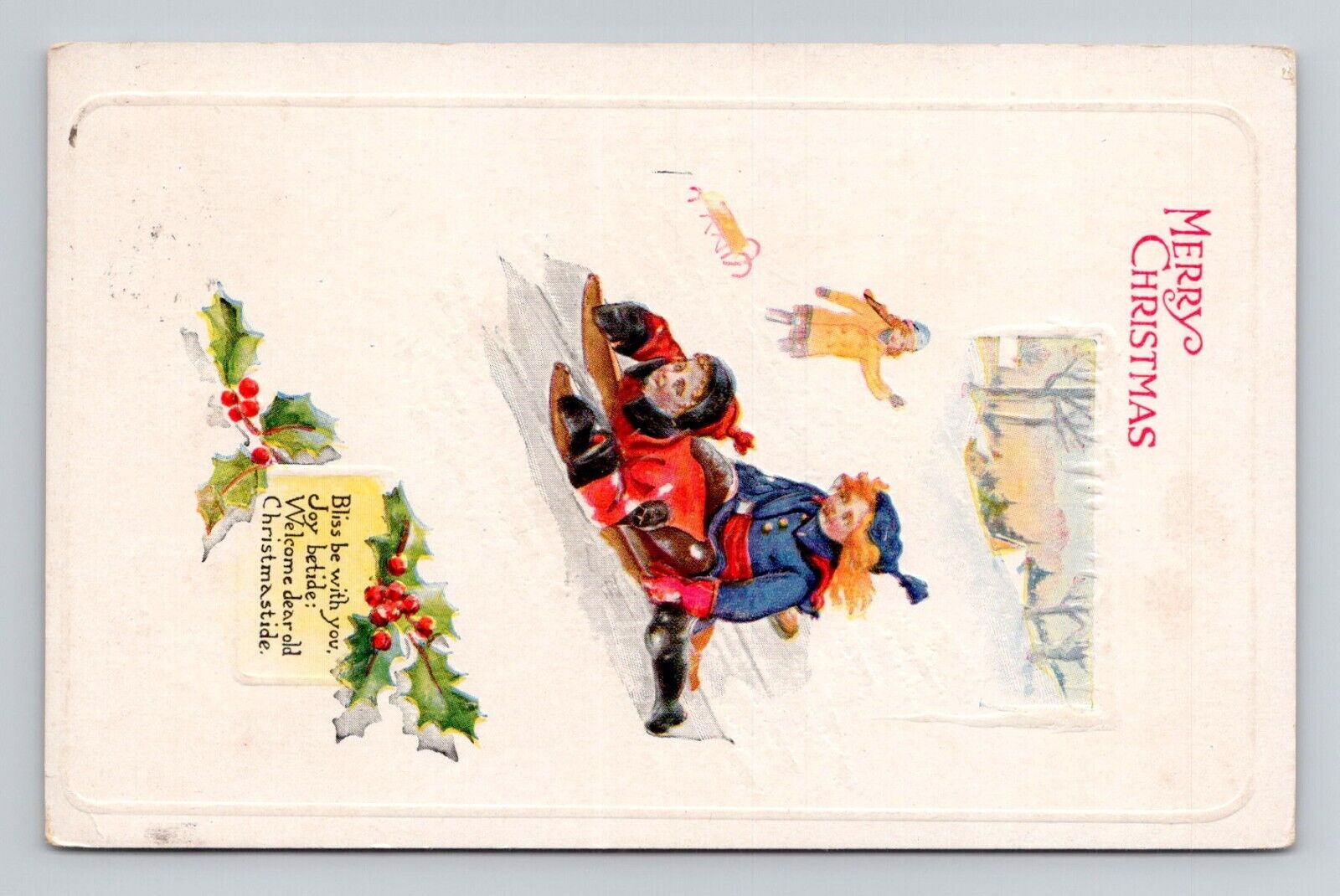 Postcard Christmas Greeting w/ Children on Sled, Antique L16