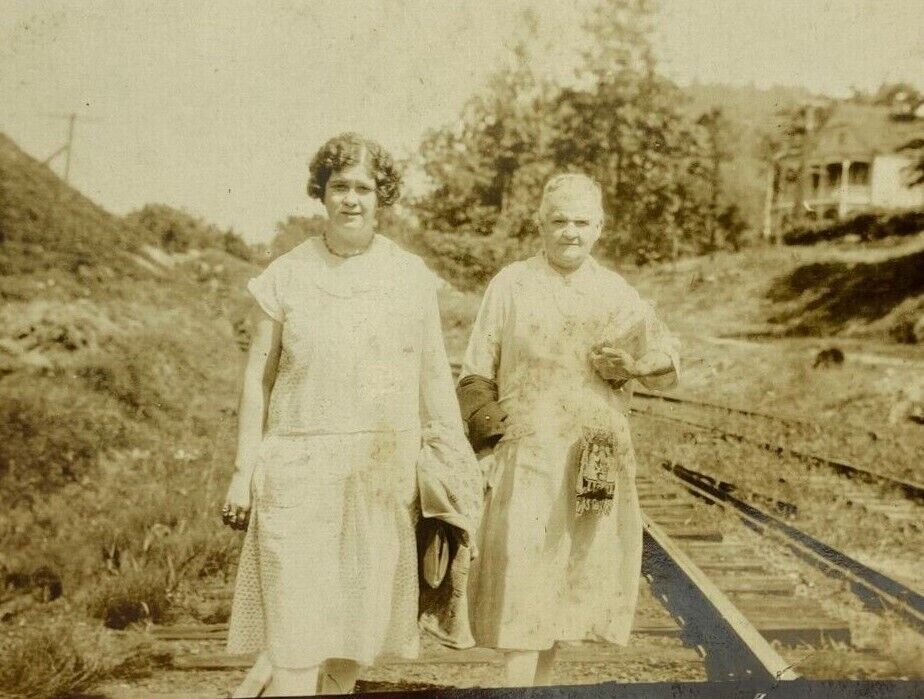 Two Women Walking On Railroad Train Tracks B&W Photograph 3.25 x 5.5