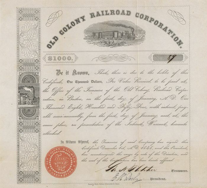 Old Colony Railroad Corporation - $1,000 Bond - Railroad Stocks
