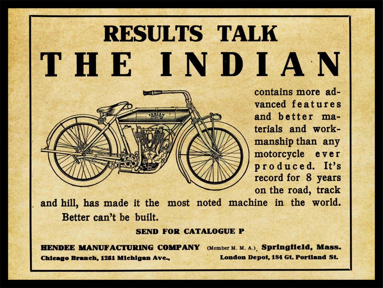 1910 Indian Motorcycles NEW Metal Sign: Hendee Mfg. Springfield, Massachusetts