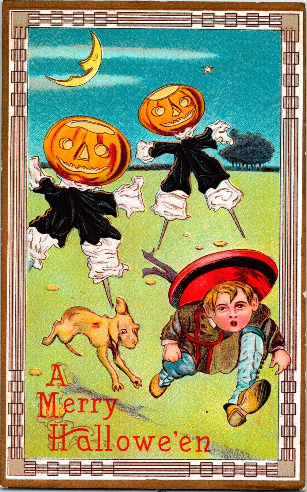 Vintage 1910\'s JOL, Scare Crow, Chase Adorable Boy & Doggie Halloween Postcard