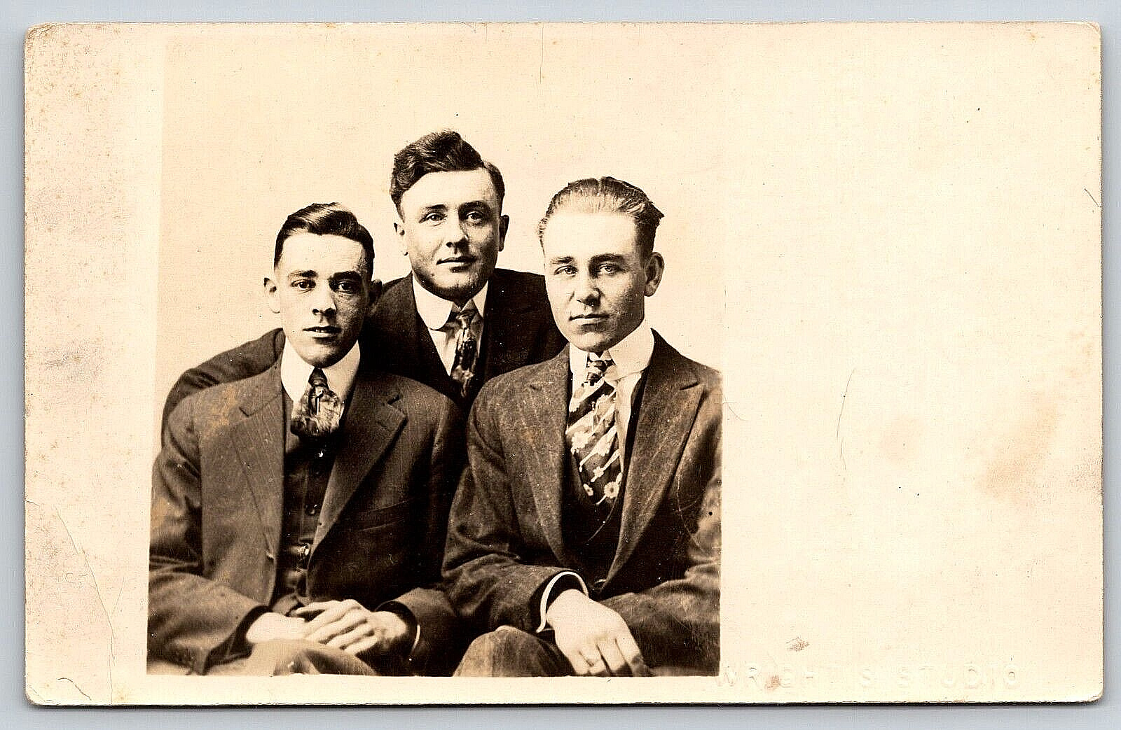 Original RPPC, Three Men In Suits And Ties Portrait, Antique, Vintage Postcard
