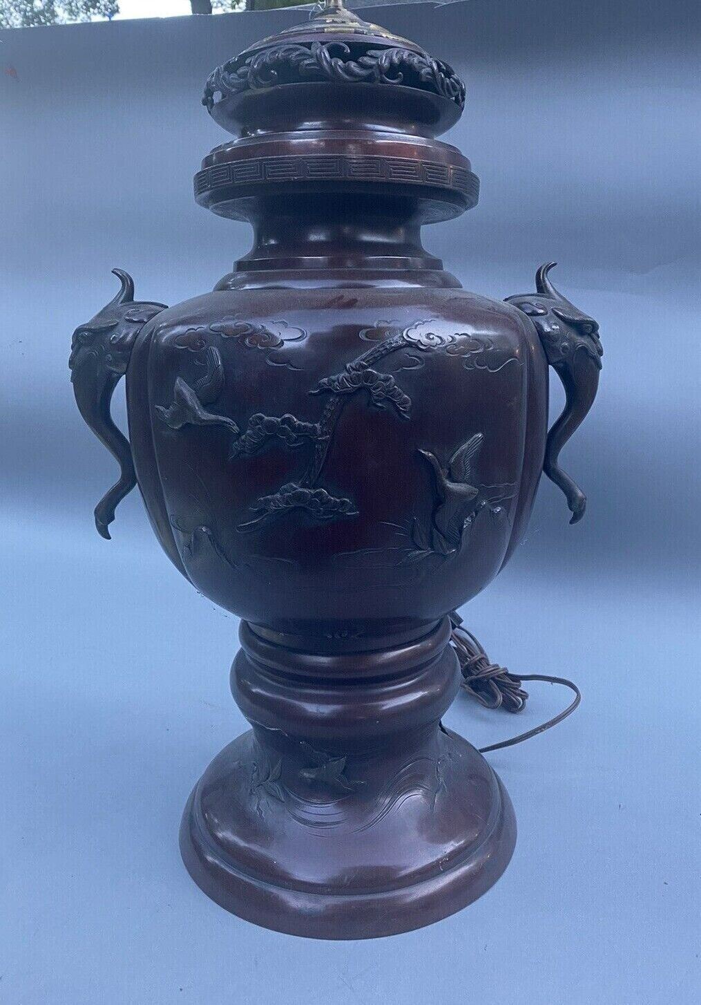 Large & Impressive Antique Oriental Bronze Figural Table Lamp