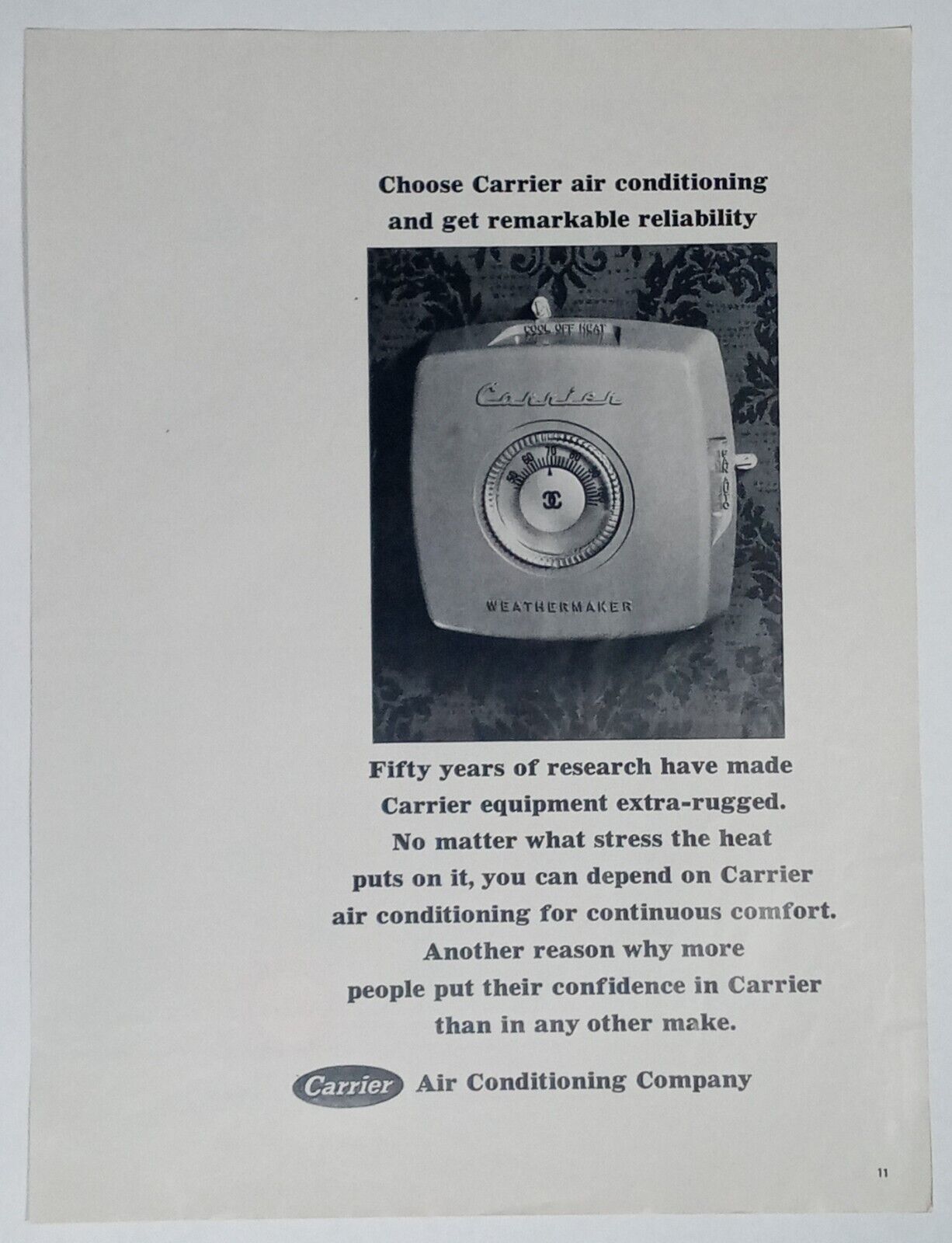 c.1960s CARRIER Air Conditioning Thermostat Bland Plain B&W Vintage Print Ad