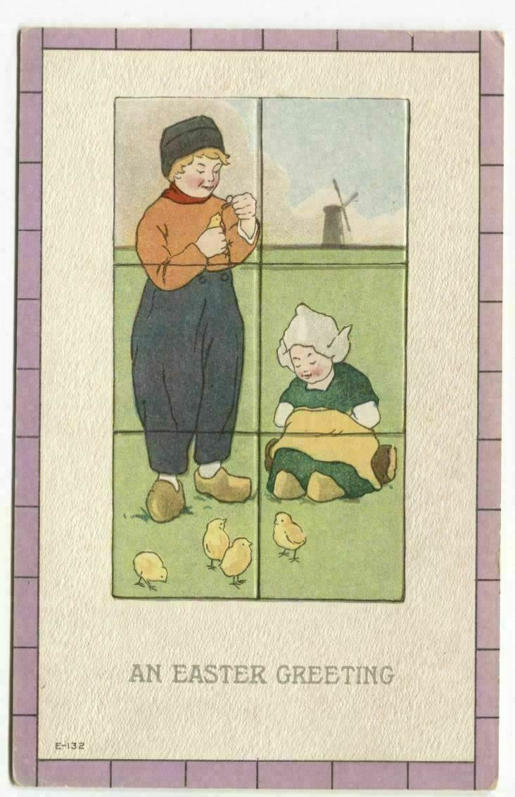 Postcard An Easter Greeting Dutch Windmill Scene Boy + Girl