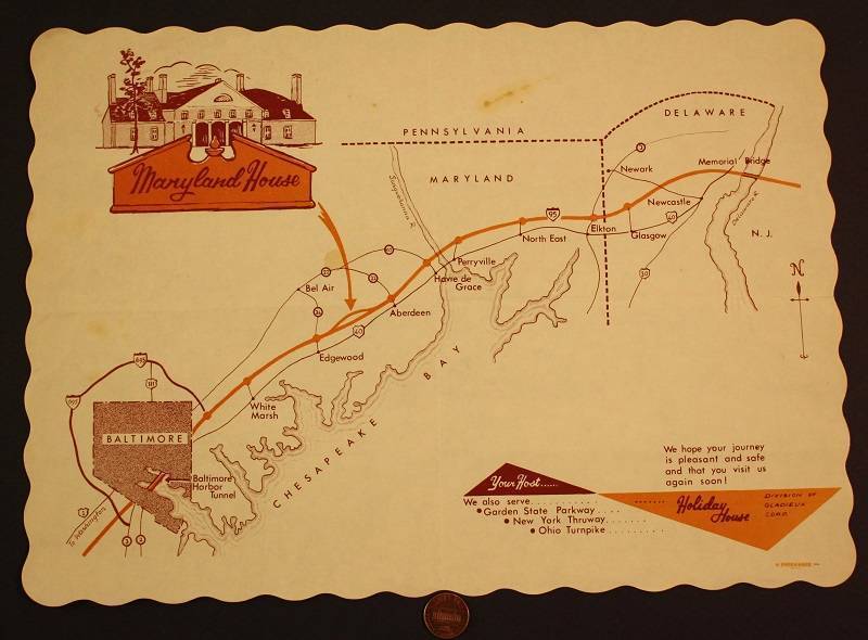1960s Era Maryland Holiday House Restaurant placemat Delaware Route 95 too------