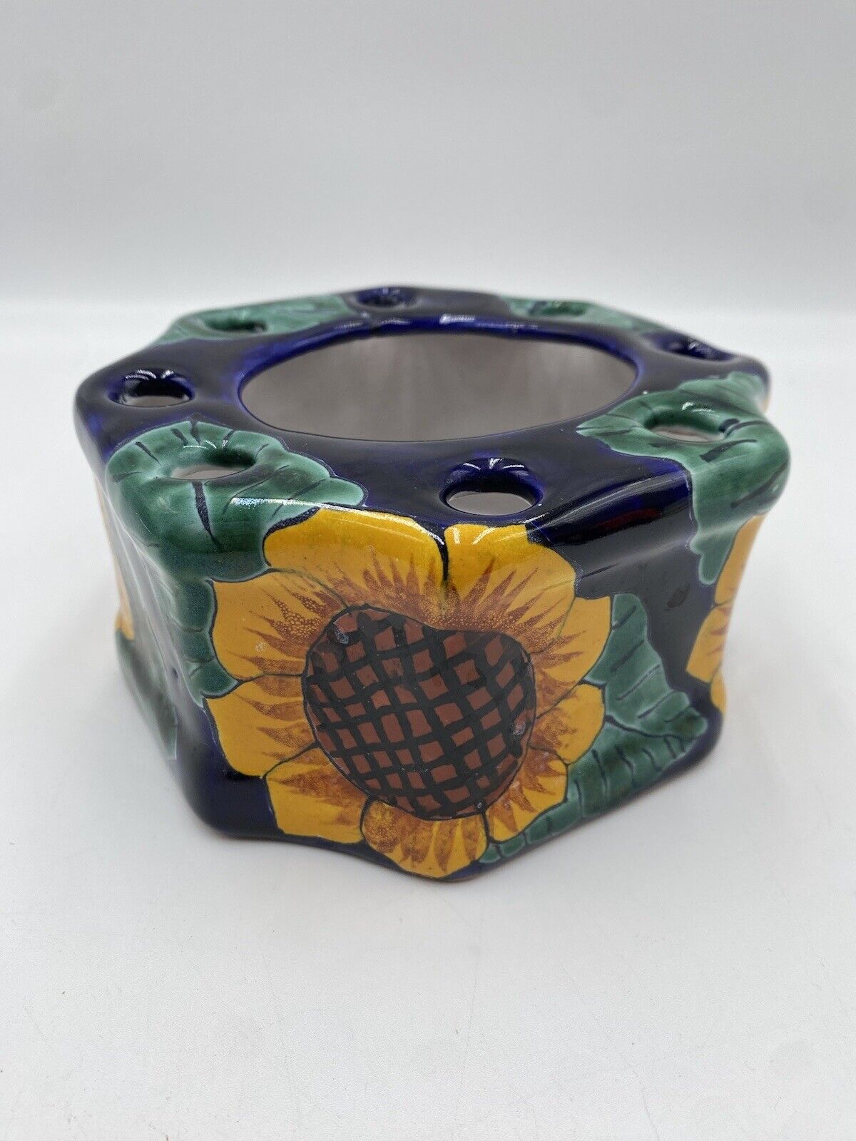 Talevera  Mexican Pottery Sunflower Toothbrush Holder Blue and Yellow