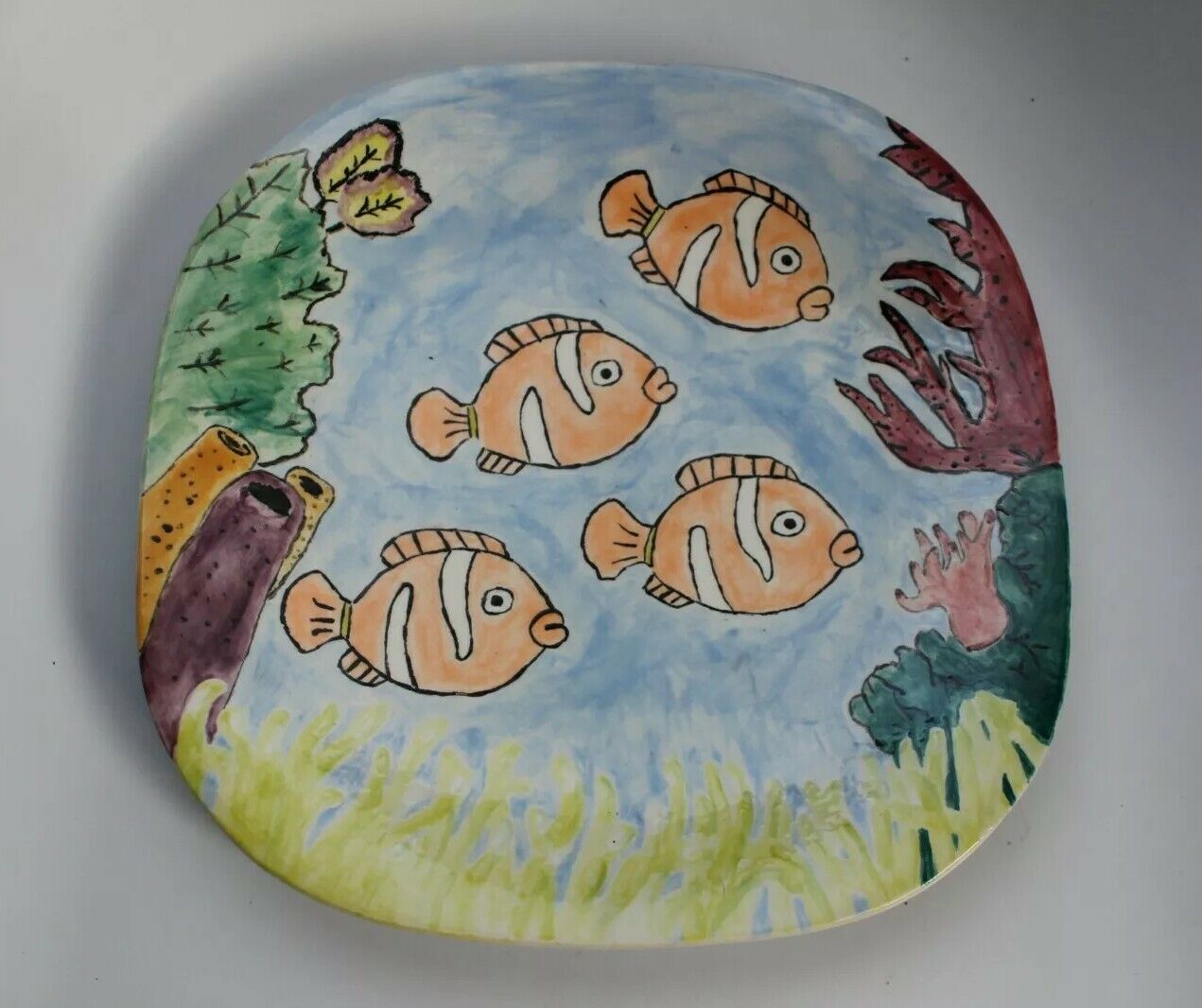 Vintage Y2K Clown Fish Coral Reef Ceramic Art Pottery Plate Artist Signed Kim 