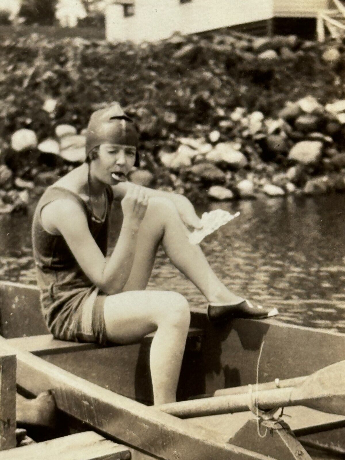 1N Photograph Pretty Woman Eating Sucker Candy Lollipop Canoe Swimming Cap 1920s