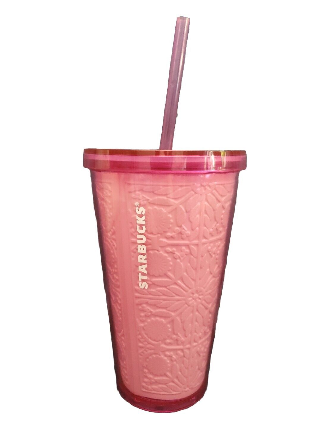 Starbucks cold Cup 16 oz Opaque Pink With Embossed Springtime Flowers