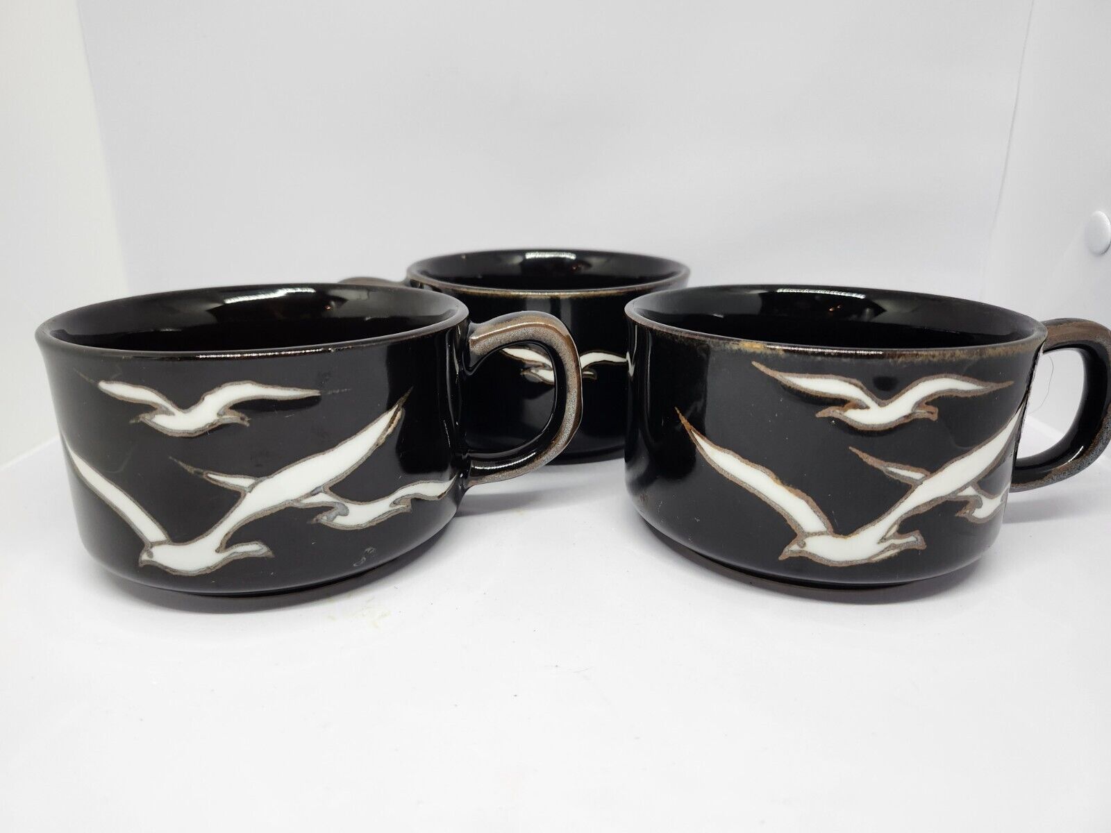 Otagiri Coffee Soup Mugs Vintage Three Brown  Stoneware with Seagulls
