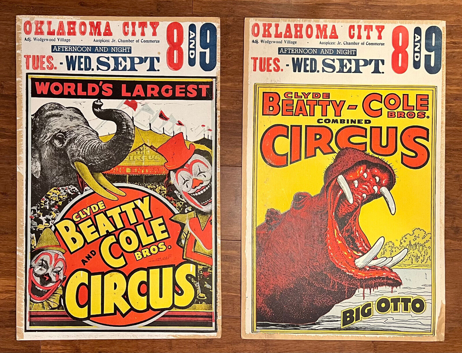 PAIR OF Vintage 1960\'s Clyde Beatty-Cole Bros. Circus Posters OKC 14\