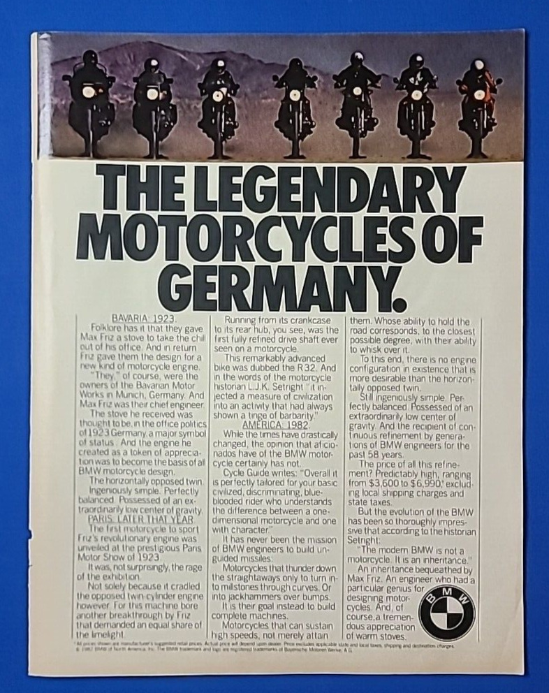 1982 BMW Motorcycles Vtg 1980\'s Print Ad The Legendary Motorcycles of Germany