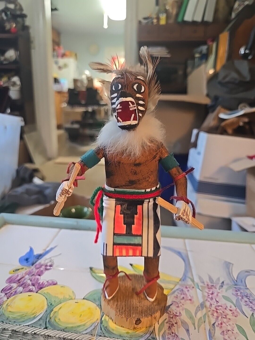 Vntg Hopi Wolf Dancer Kachina Doll Signed 9.5” Wood, Feathers, Fur, Cloth