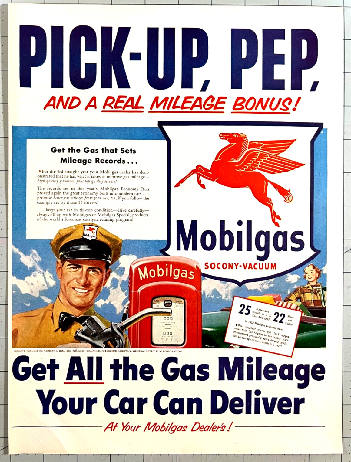 1952 Mobilegas Gas Pump Socony Vacuum Gas Mileage  10\