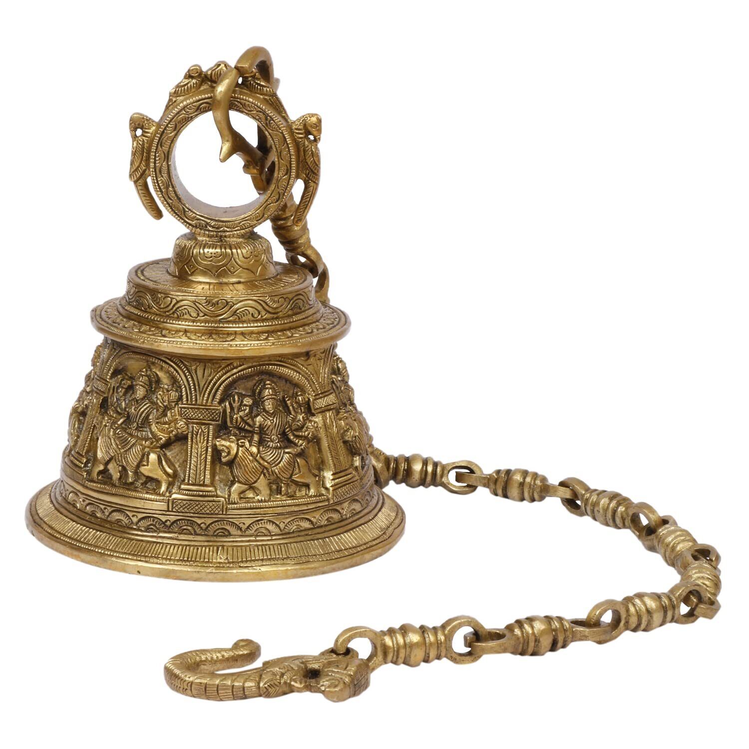 Brass Bell Maa Durga Engraved Sherawali Ghanti Chain Hanging Home Entrance 8 In