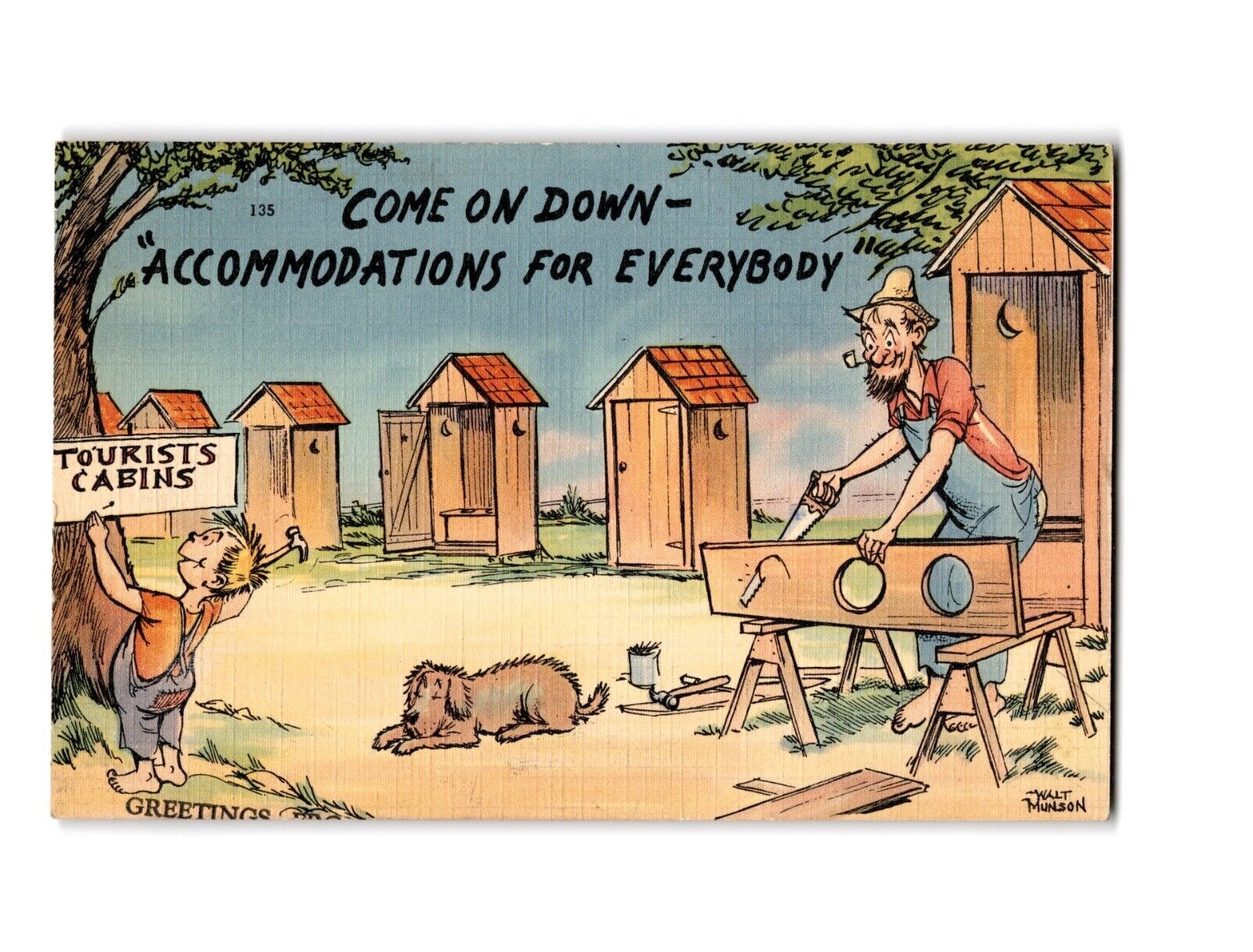 Vintage Comic Postcard Tourists Cabins Accommodations Illustrated by Walt Munson