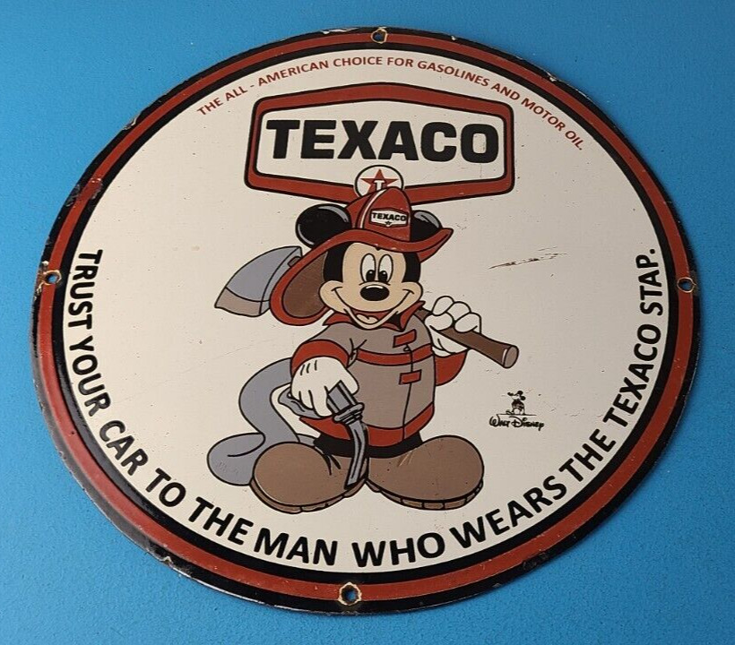 Vintage Texaco Gasoline Sign - Walt Disney Mickey Mouse Porcelain Gas Pump Sign