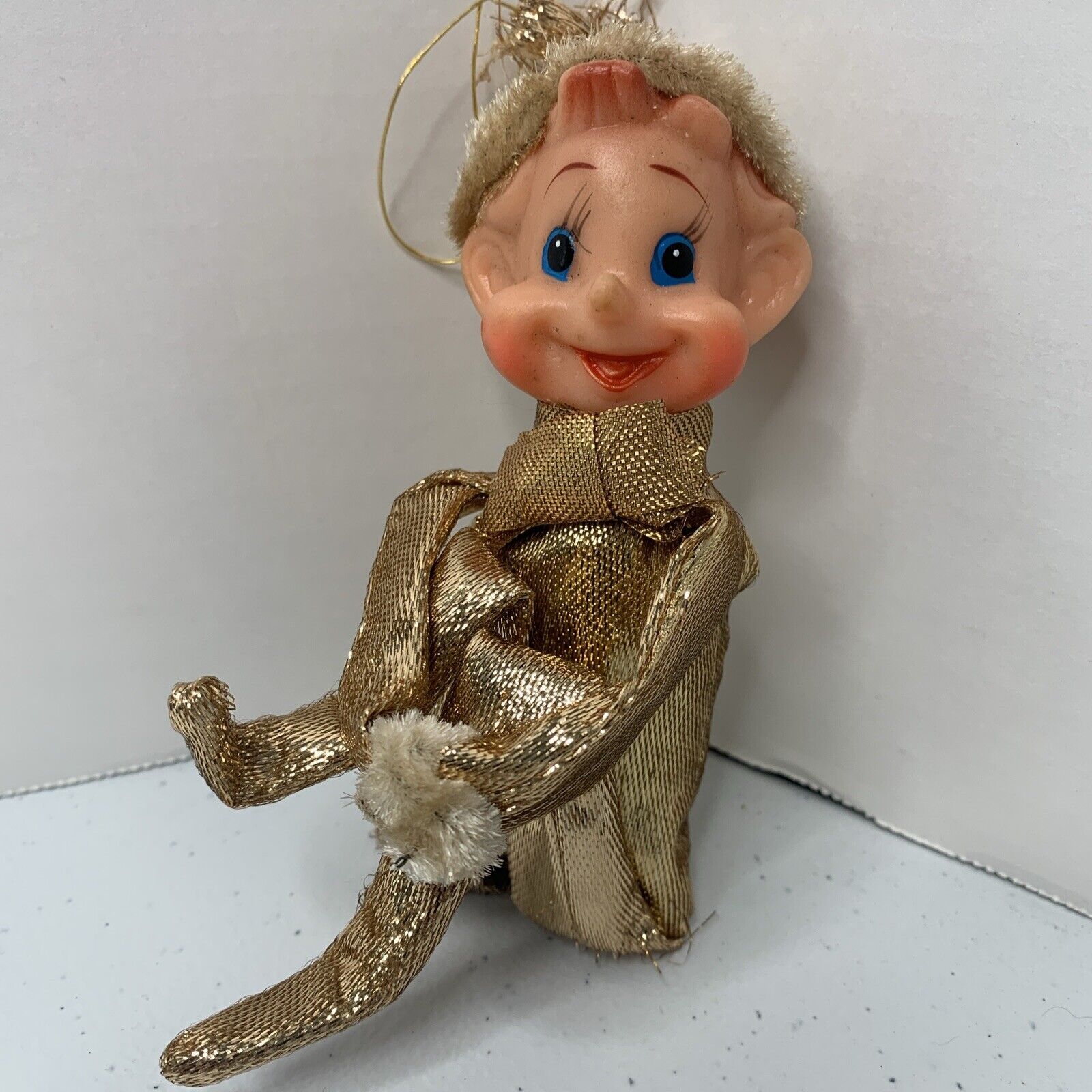 Vintage Gold Lame Rubber Face Knee Hugger Elf Christmas Ornament Decor Pixie