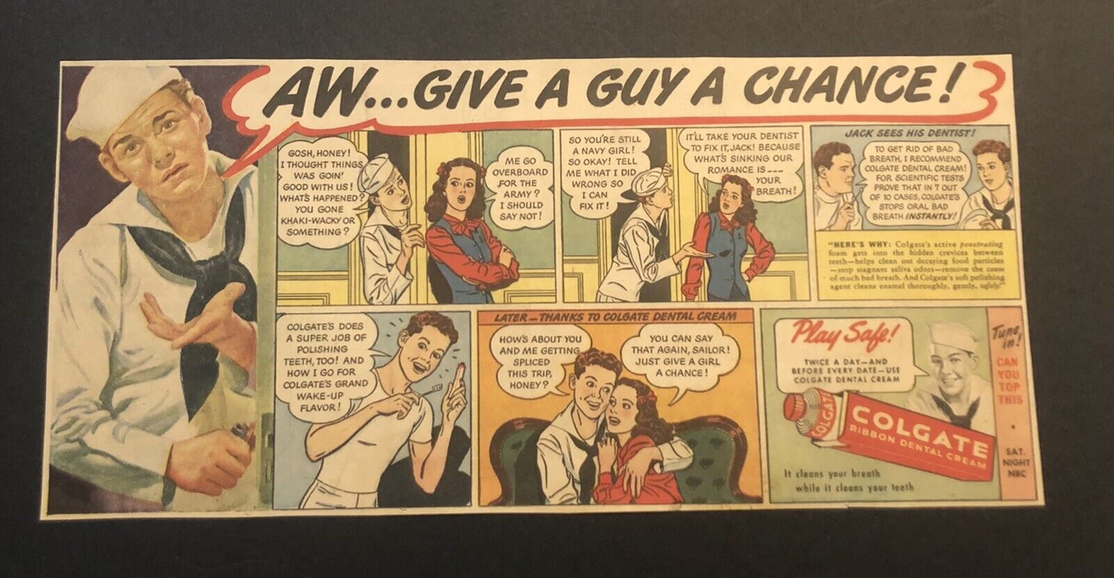 1950’s Colgate Ribbon Dental Cream Give A Guy A Chance Comic Newspaper Ad