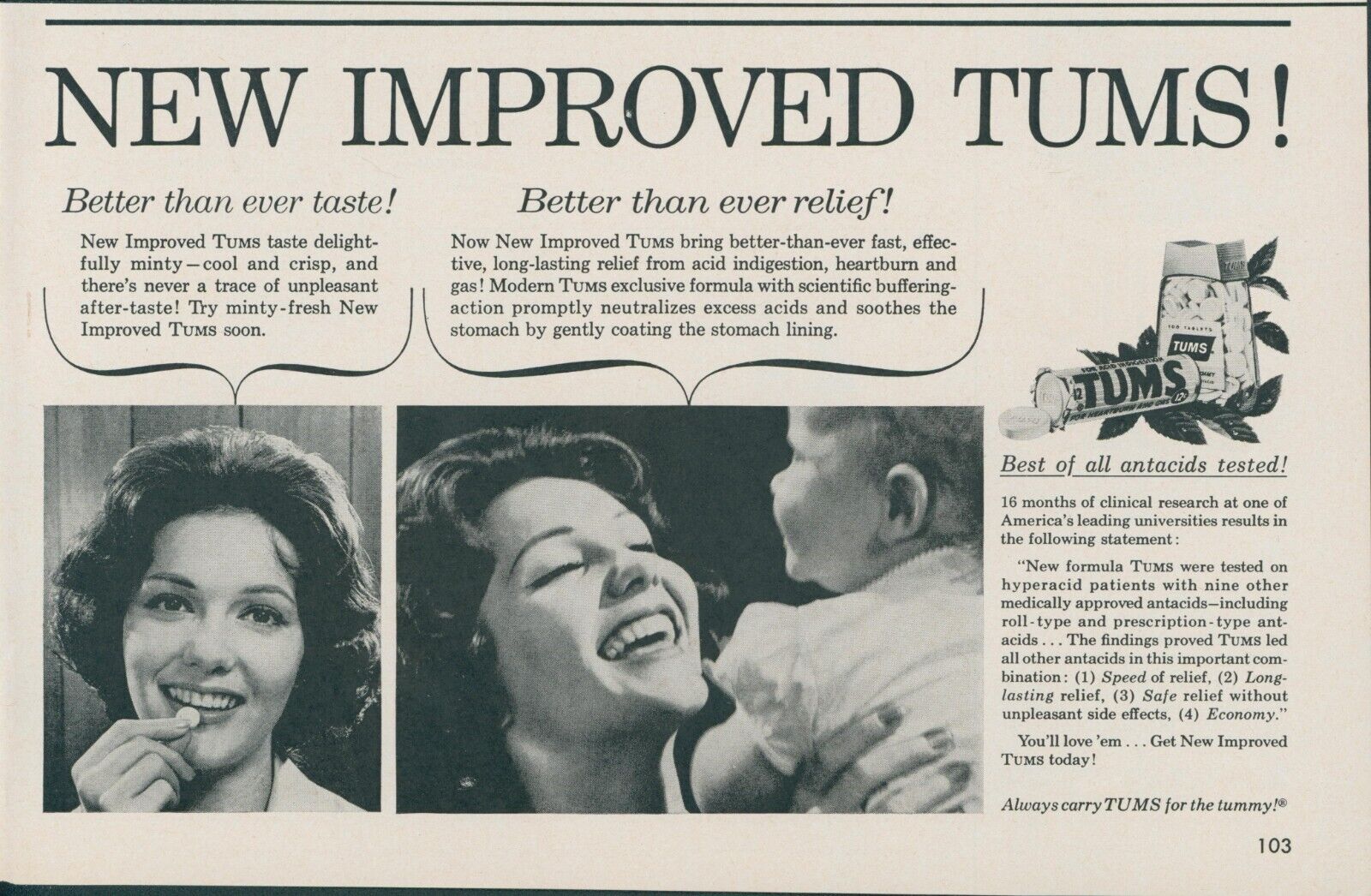 1963 Tums Smiling Mother Baby Delightfully Minty For Tummy Vintage Print Ad LO5