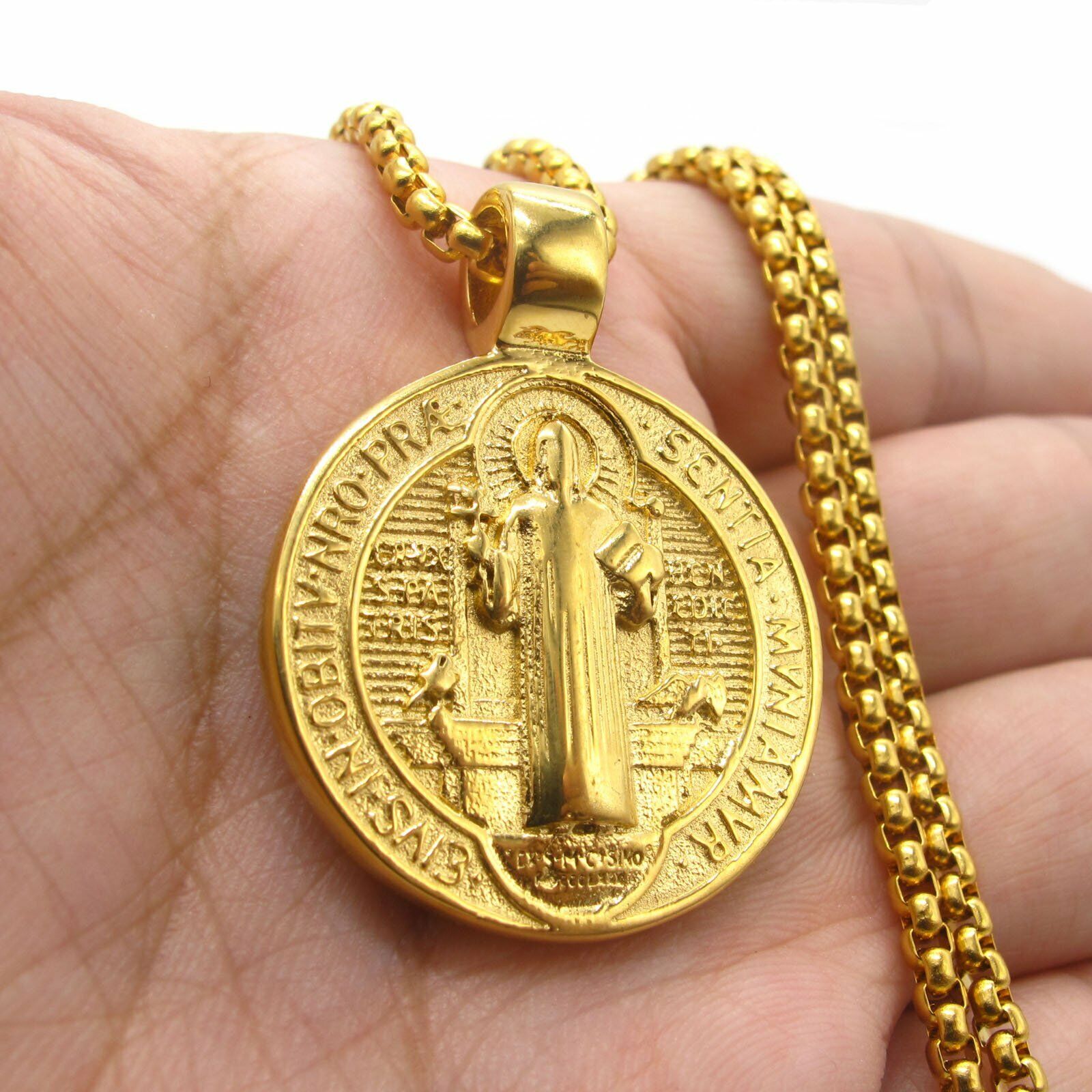MENDEL St Saint Benedict Medal Gold Exorcism Pendant Necklace Stainless Steel