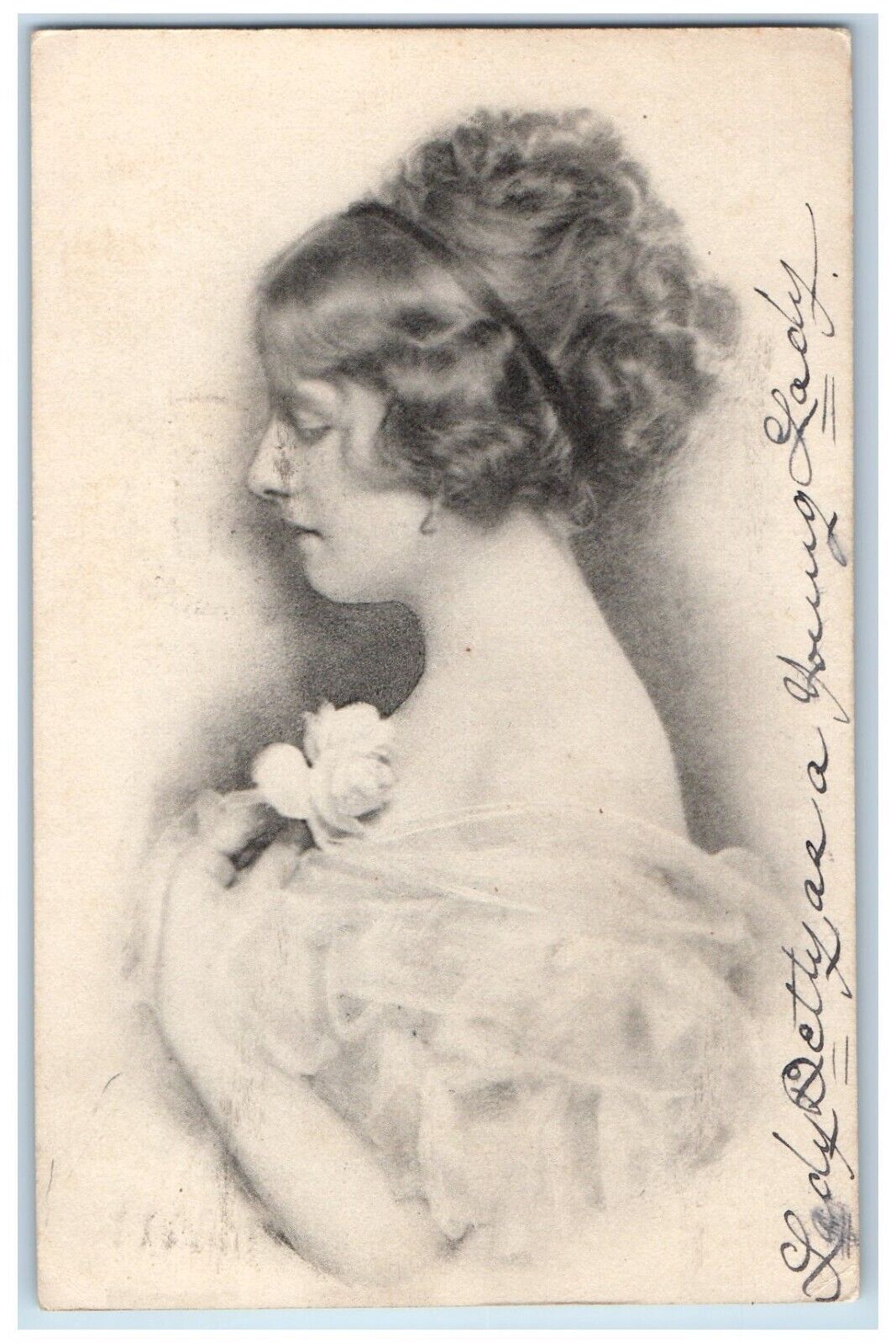 1910 Pretty Woman Curly Hair Flower Lafayette Indiana IN Antique Postcard