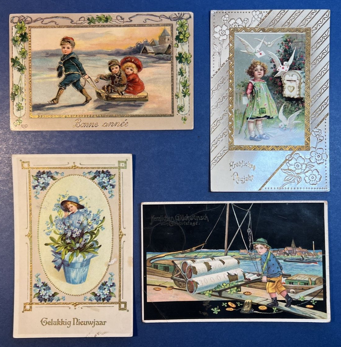 4 Children New Year Antique Postcards, EMB, Gold Trim, Foreign. 1908 era. 1 EAS
