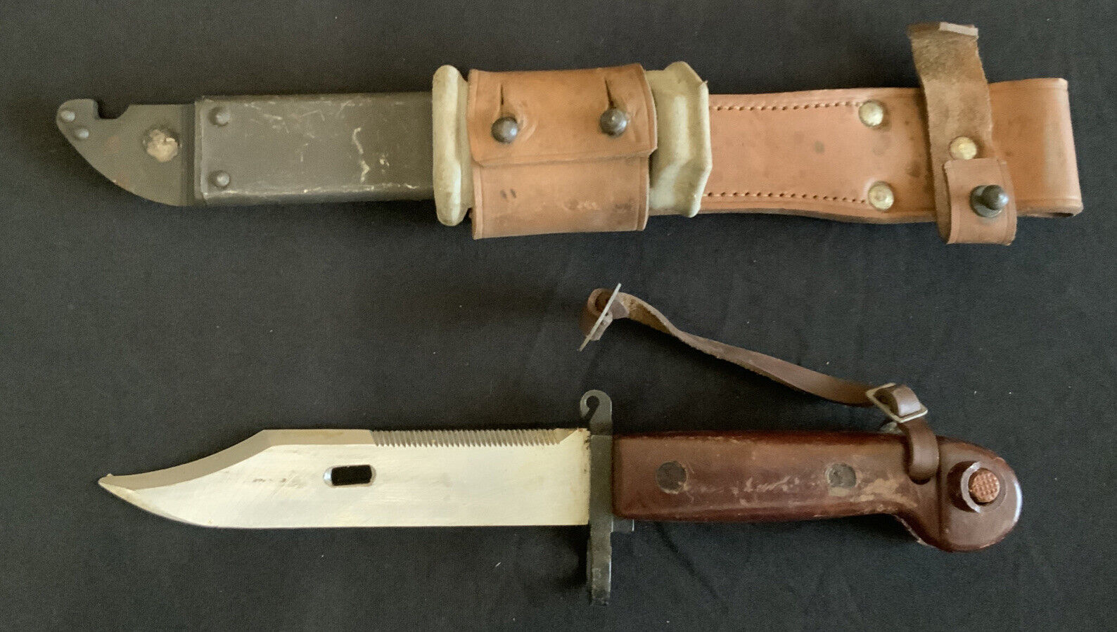 Romanian Bakelite Handle Bayonet, Scabbard & Leather Frog