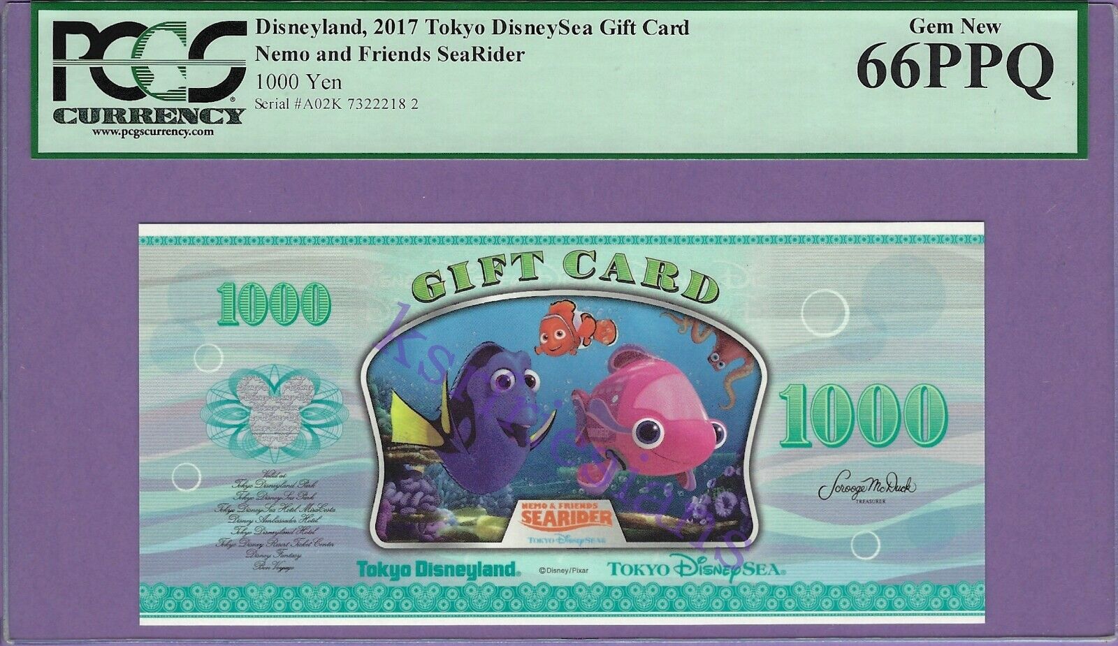 2017 1000 Yen FINDING NEMO Tokyo Disneyland Sea Gift Card Disney Dollar 66PPQ 