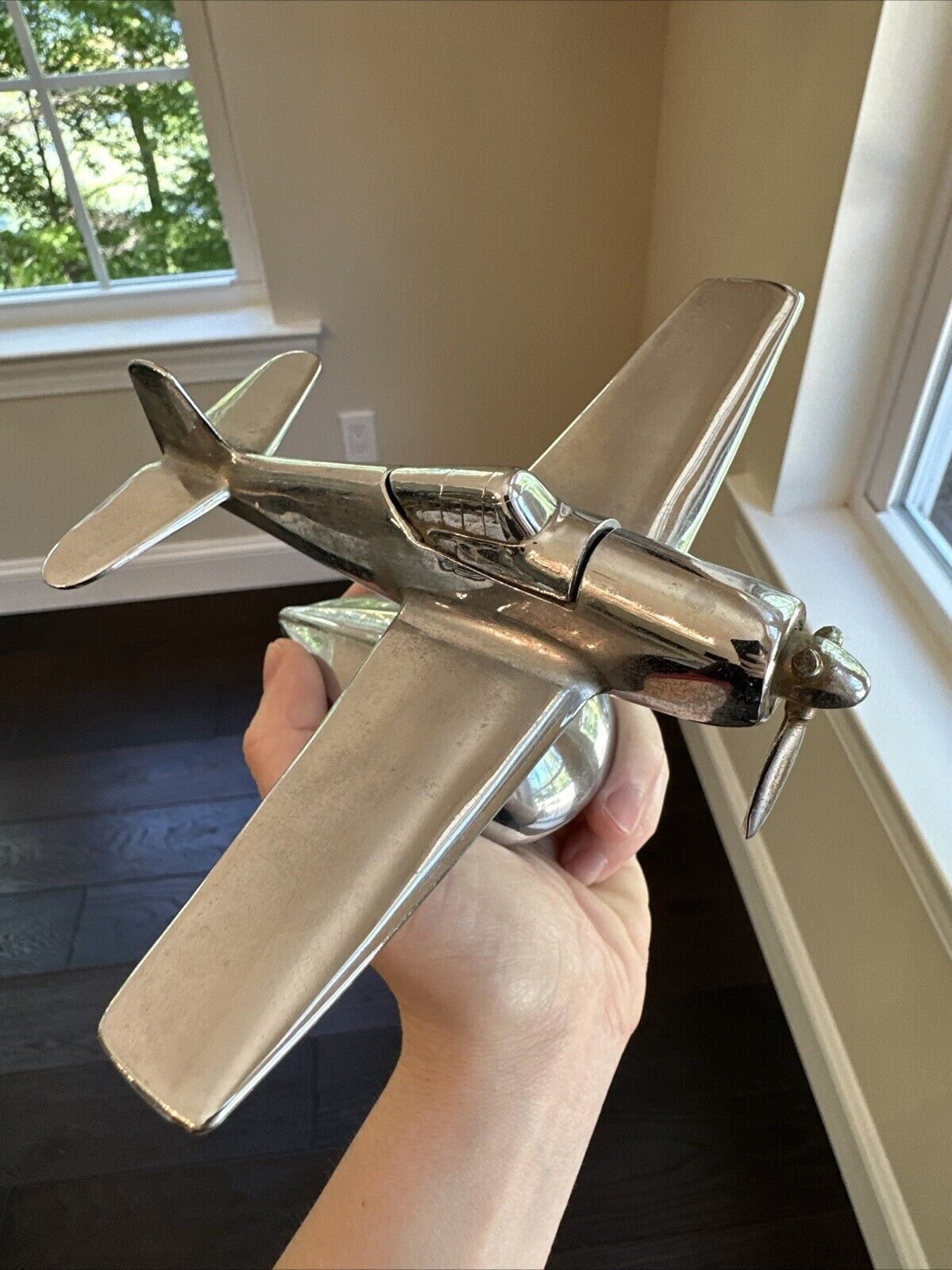 1940s F6 Hellcat Chrome Finished Airplane Table Lighter, Missing 2 Propellers
