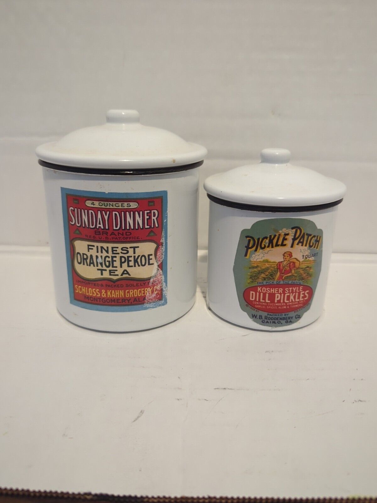 Canister Set Of 3 White Enamel with Vintage Style Labels 3 -5” Diameter