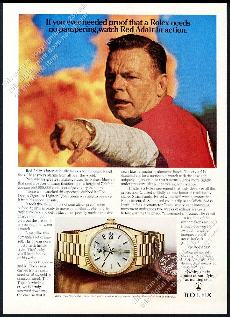1973 Rolex Day Date watch oil well fire fireman Red Adair photo vintage print ad