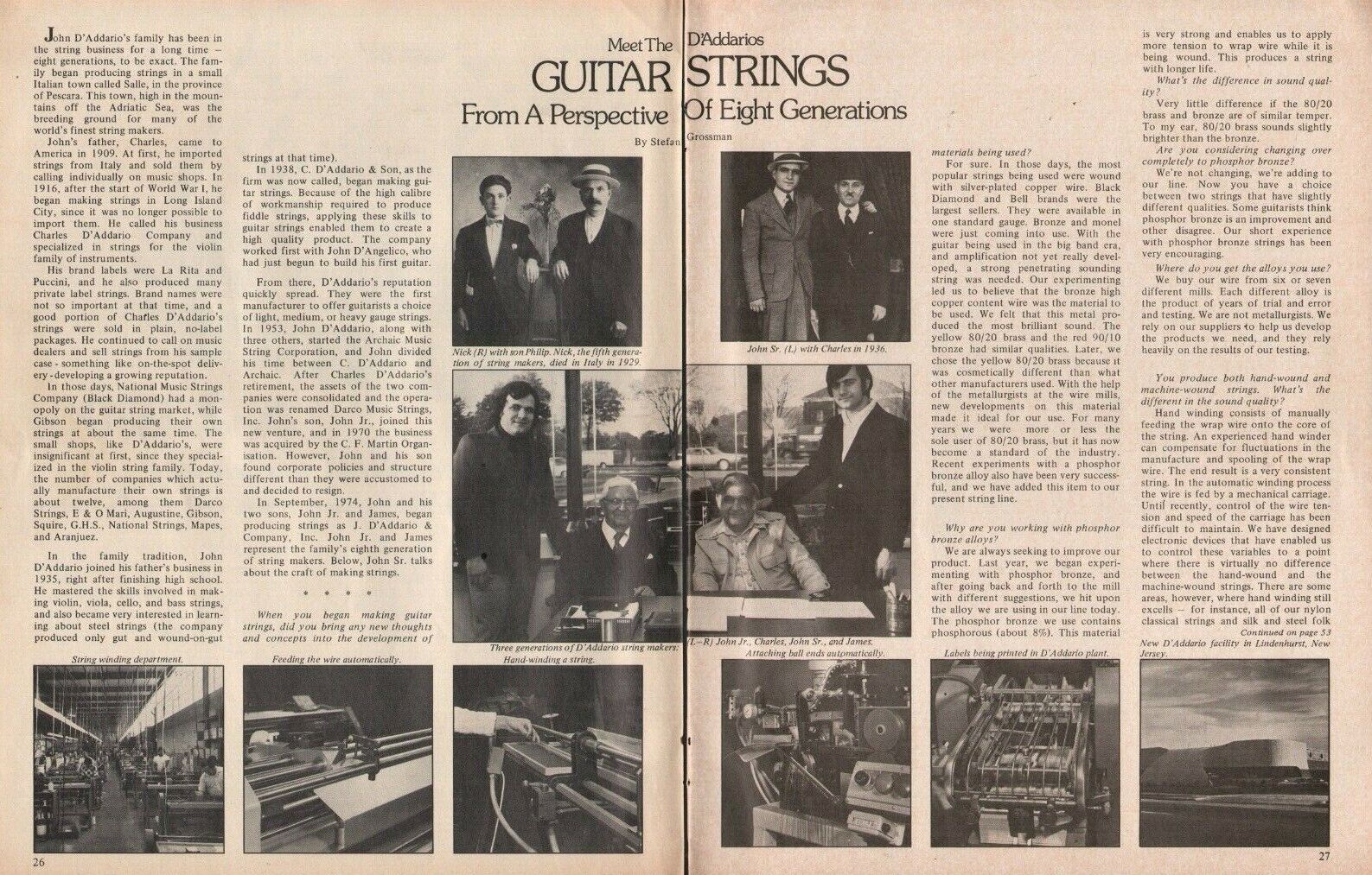 1976 Meet The D\'Addarios - Guitar String Makers History - 7-Page Vintage Article