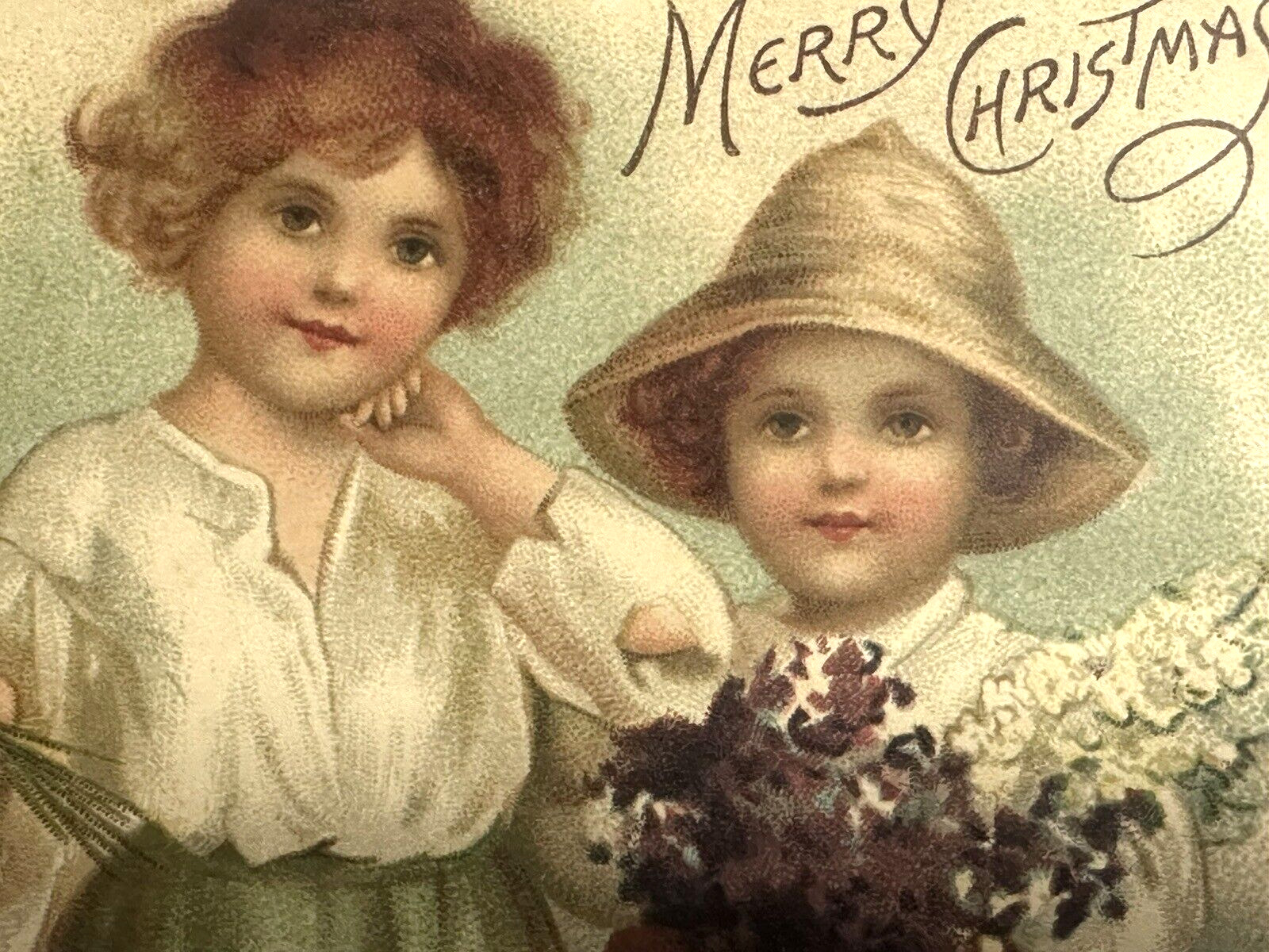 Christmas Postcard Children Big Hat Green Skirt Flowers Holly Nash