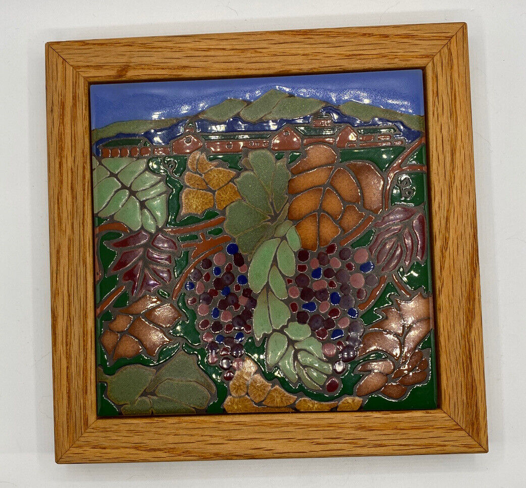 Gorgeous Vineyard Scene Triton Tile Hand painted Framed Hot Plate 7.5x7.5”
