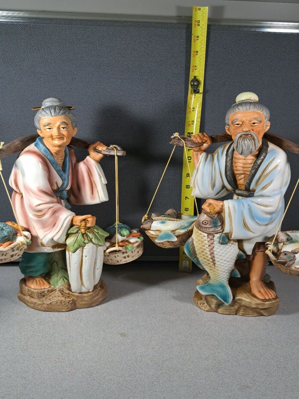 Antique Ceramic Yamakuni Statues Fisherman & Lady Handcrafted Japan #2693Hutch