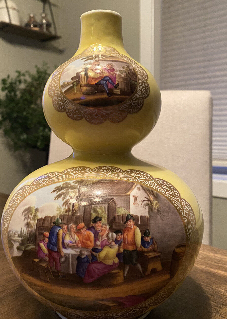 HELENA WOLFSOHN DRESDEN Antique Gourd Shape Hand Painted Vase, Yellow With Gold