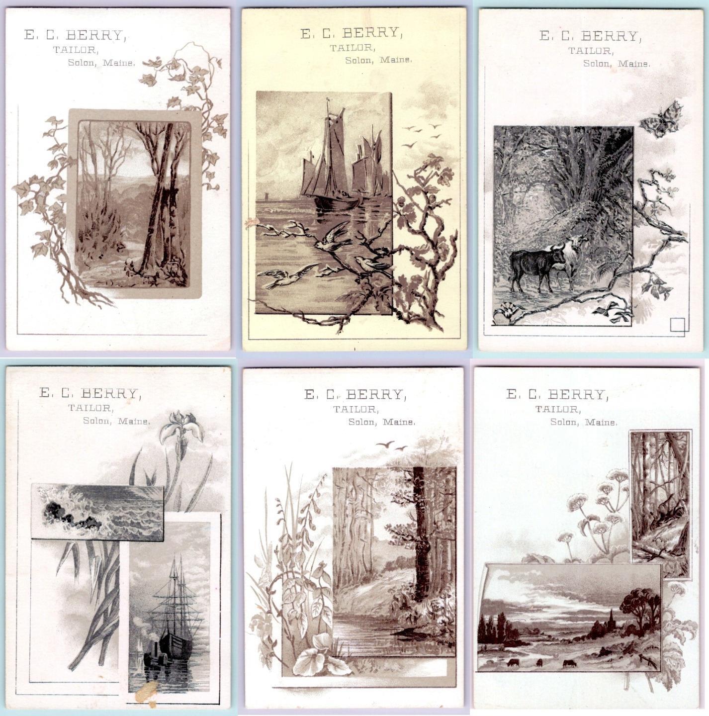 1880's SOLON MAINE E. C. BERRY TAILOR SET OF 6 ANTIQUE VICTORIAN TRADE CARDS