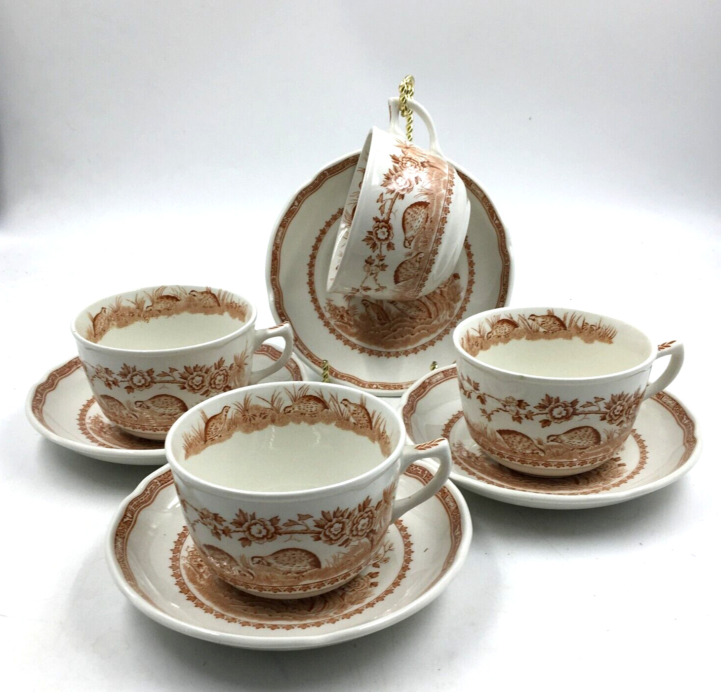 Antique 1913 FURNIVALS Brown Quail Breakfast (4) Cups (4) Saucers England ~ 6 oz